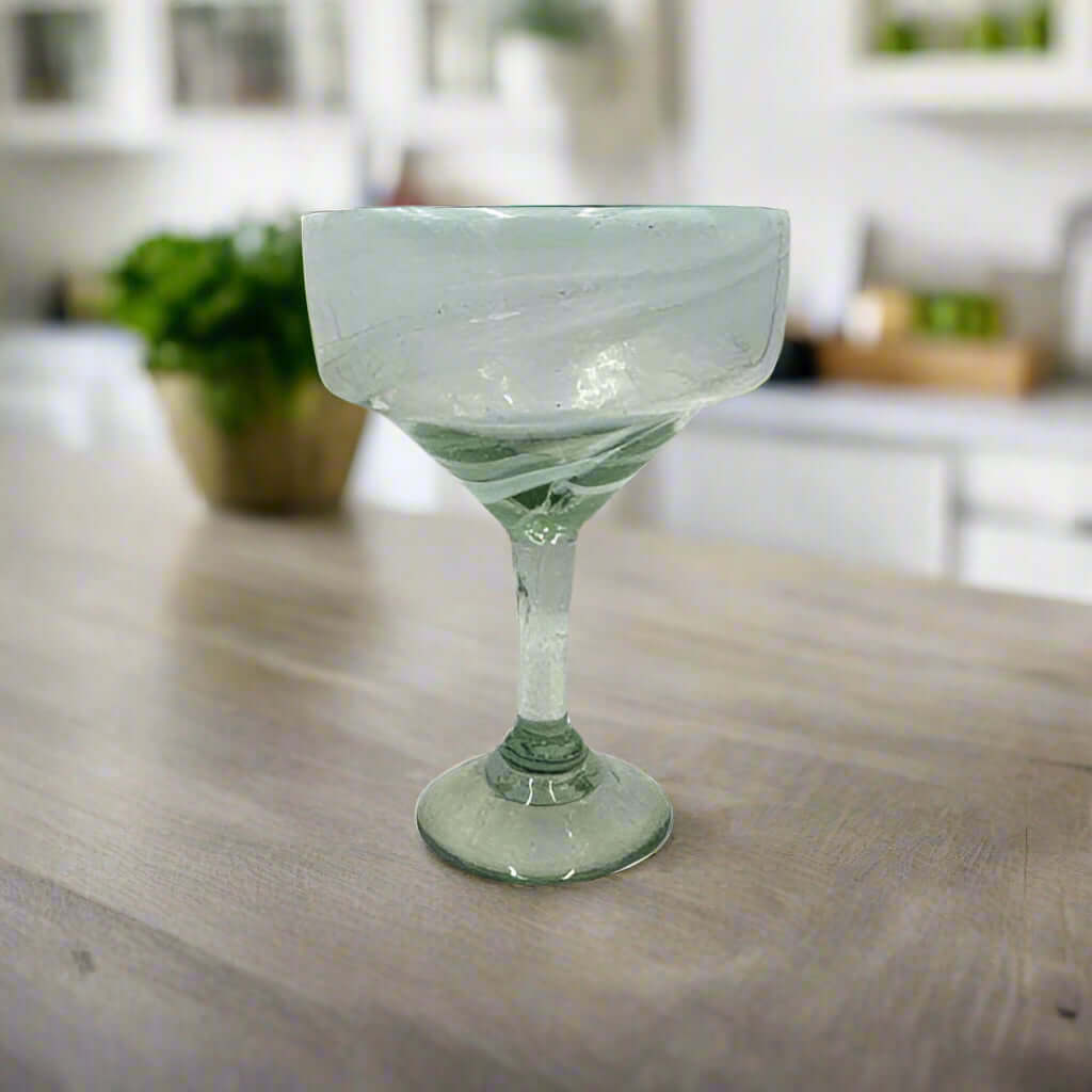 Hand Blown Mexican Margarita Glass - White Swirl